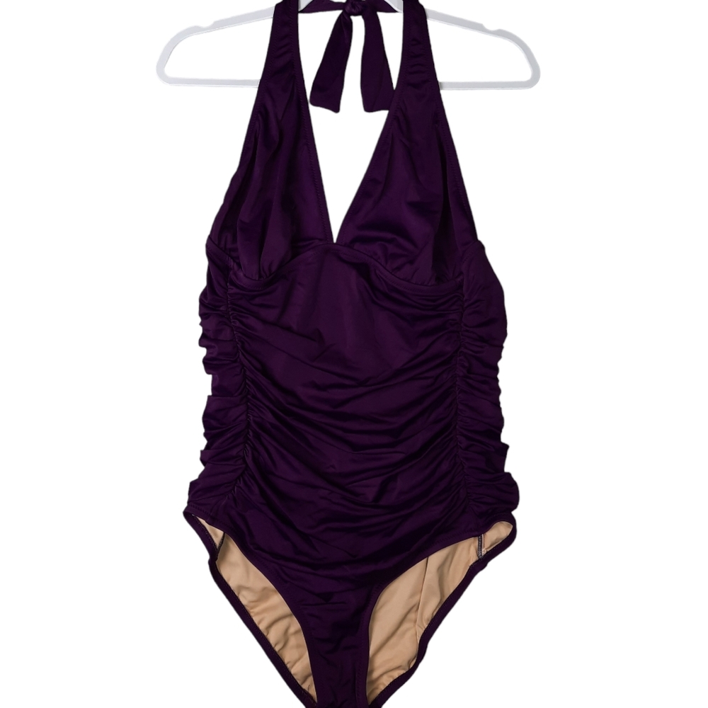 J. Crew Dark Purple Ruched Plunge V-neck Halter One Piece Swimsuit NWT SZ 16D